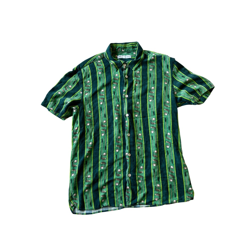Zara Mens Shirt Size M Green Striped Golf Print Viscose Short Sleeve Button Down